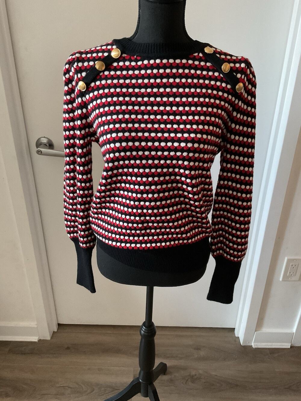 NWT Belldini Button Shoulder Knit Sweater Red Black White